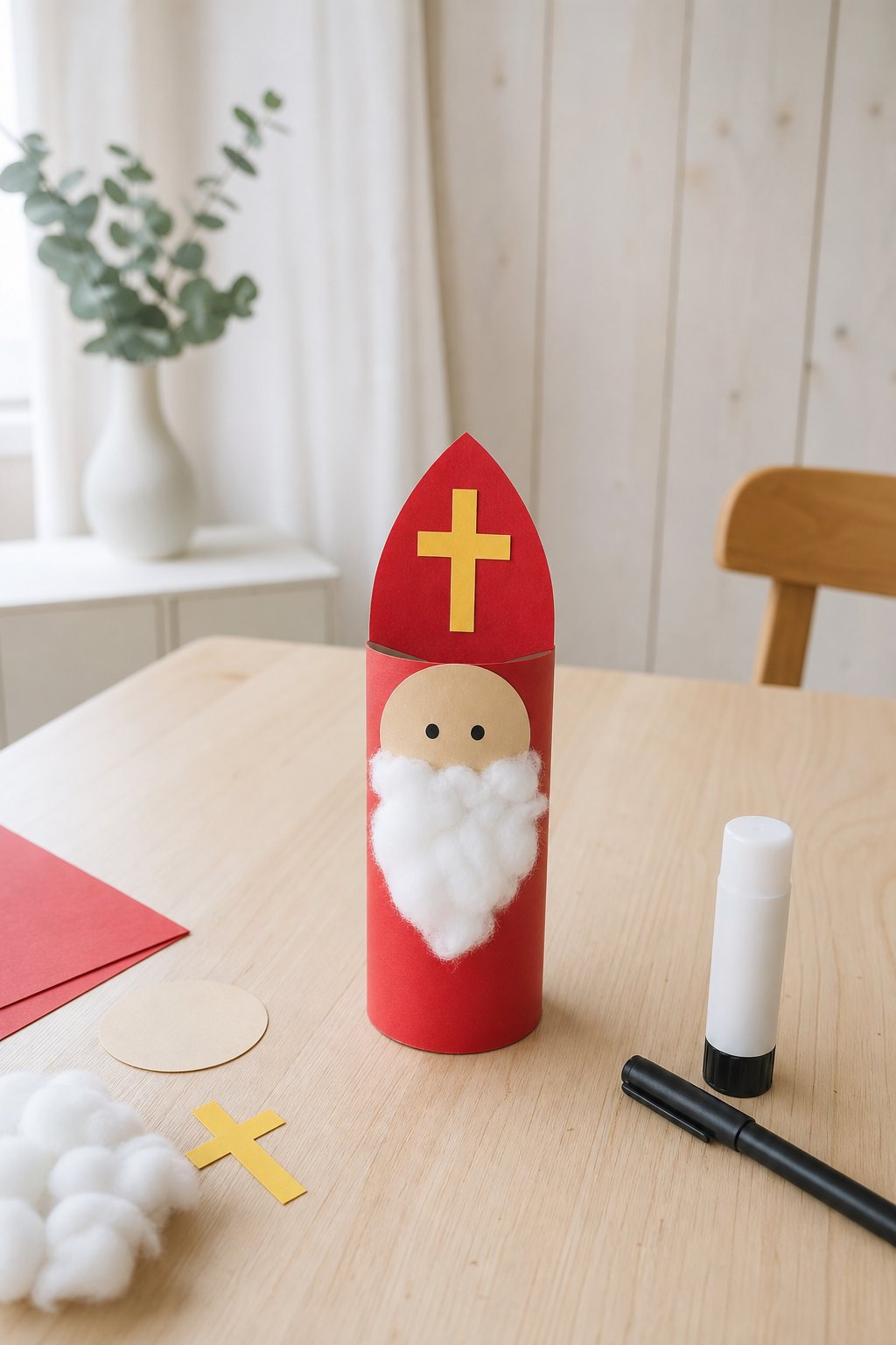 Der Nikolaus aus der Klorolle — Eine Nikolausfigur aus einer Klopapierrolle steht auf einem hellen Holztisch