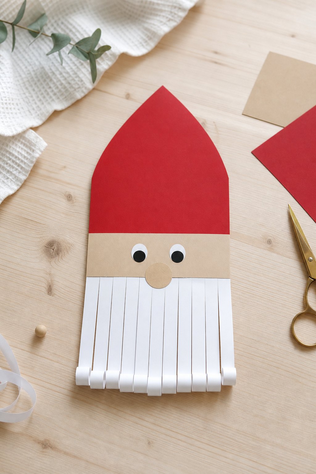 Der Nikolaus mit dem Bart aus Papierlocken — Eine flache Nikolausfigur aus Papier liegt auf einem hellen Holztisch: oben eine