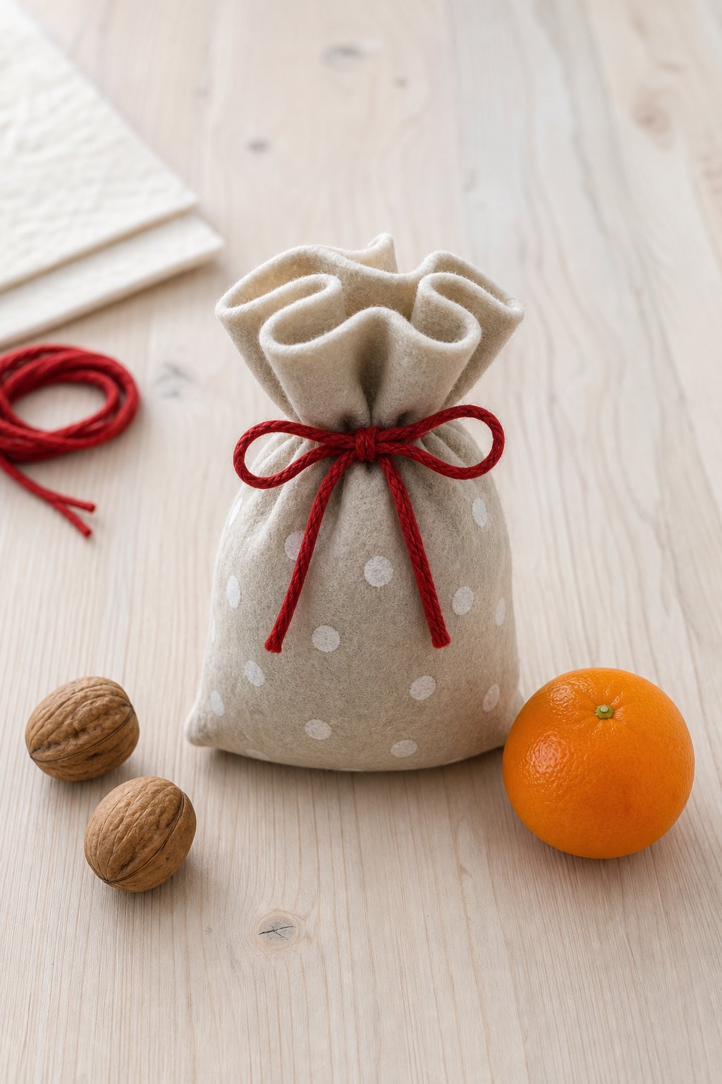 Das Nikolaussäckchen aus einem Stoffkreis — Ein kleines zugezogenes Saeckchen aus naturfarbenem Filz steht auf einem hellen H