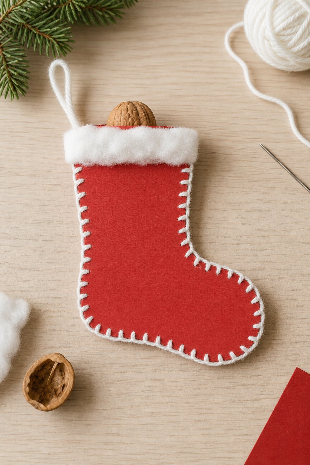 Der Nikolausstiefel zum Fädeln — Ein flacher Nikolausstiefel aus rotem Tonkarton liegt auf einem hellen Holztisch, etwa 19 cm