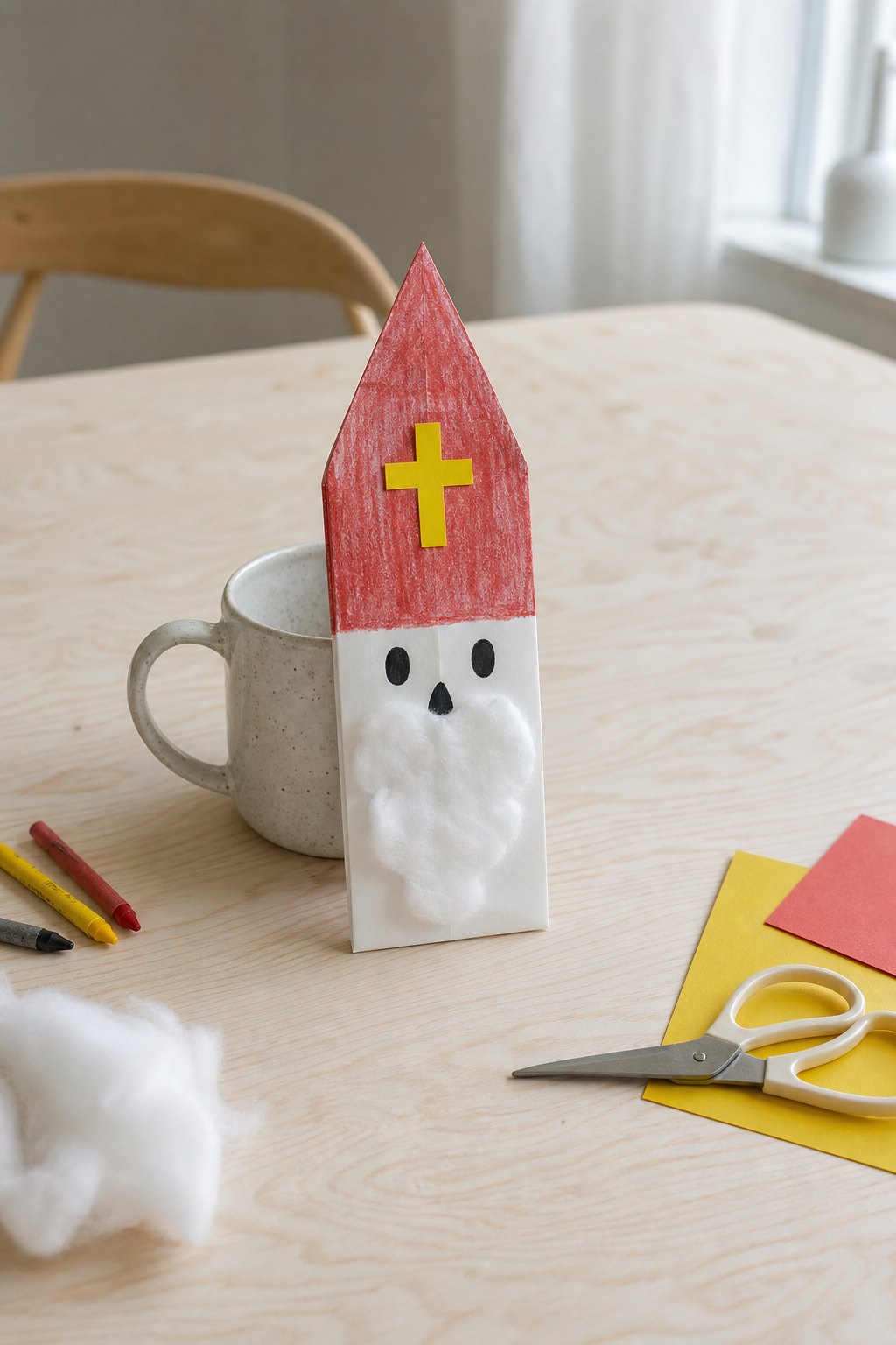 Die Nikolaustüte aus dem Butterbrotbeutel — Eine gefuellte weisse Butterbrottuete aus Papier steht aufrecht an eine Tasse gel
