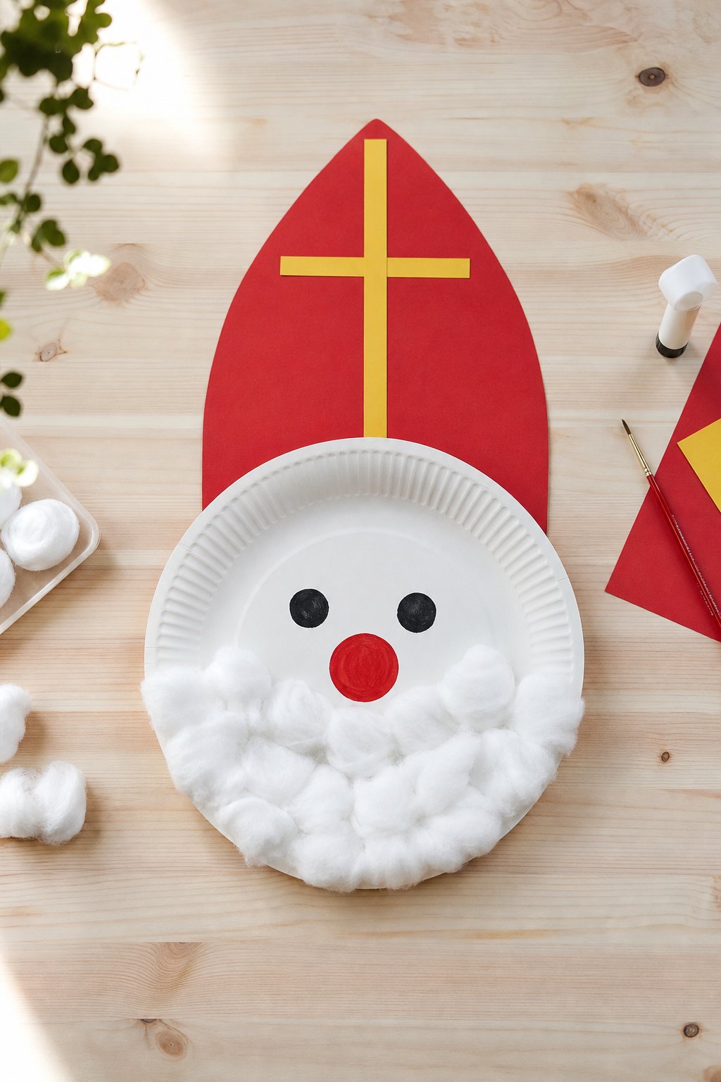 Der Pappteller-Nikolaus mit Wattebart — Ein weisser Pappteller liegt als Nikolausgesicht auf einem hellen Holztisch