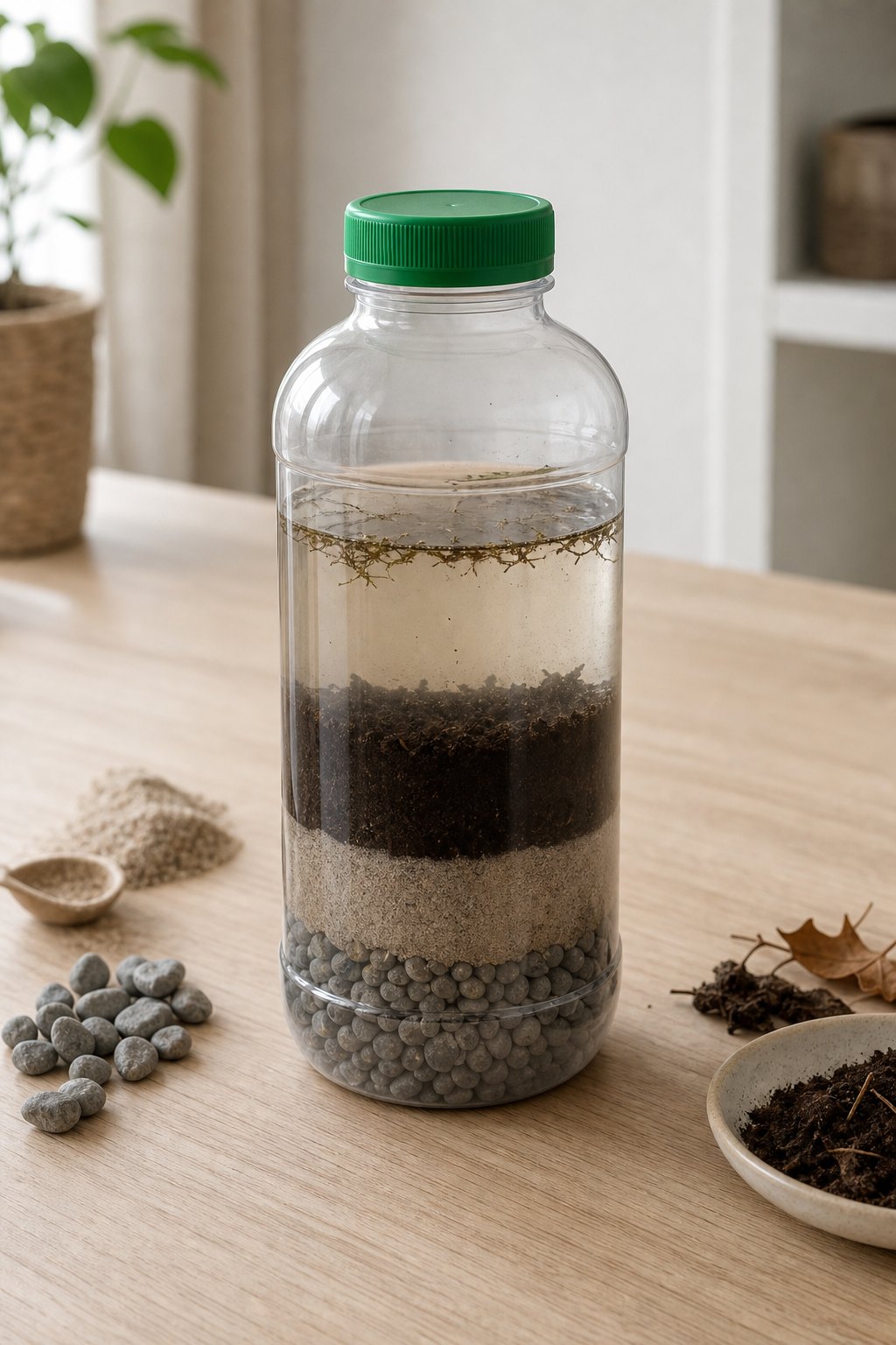 Flasche mit Erde und Wasser, die sich in Schichten absetzen