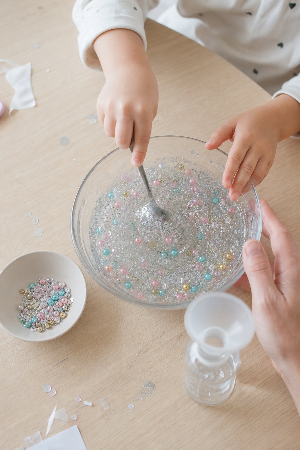 Kinderhände rühren Perlen und Glitzer in klares Haargel