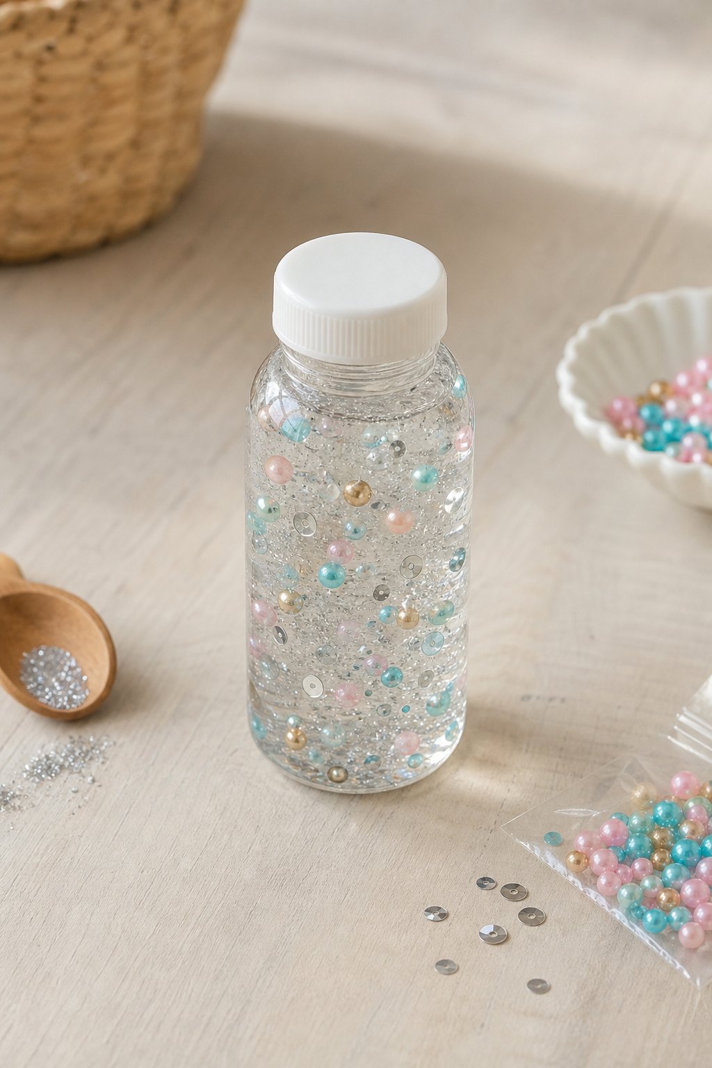 Kleine Flasche mit Gel, in dem bunte Teile schweben