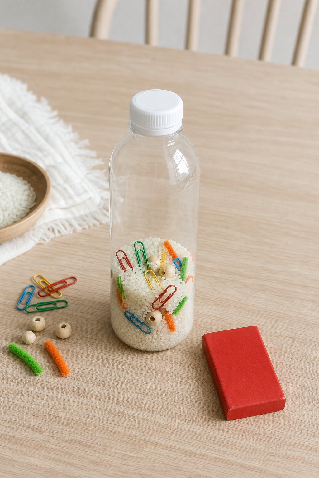 Flasche mit Büroklammern und einem Magneten daneben
