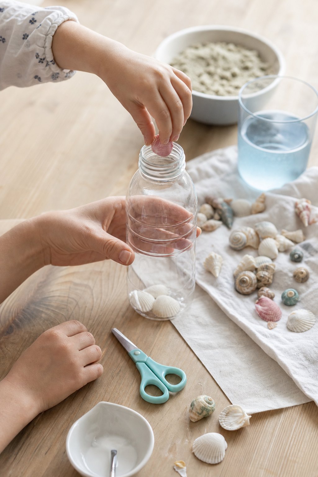 Kinderhand lässt eine kleine Muschel in die leere Flasche fallen
