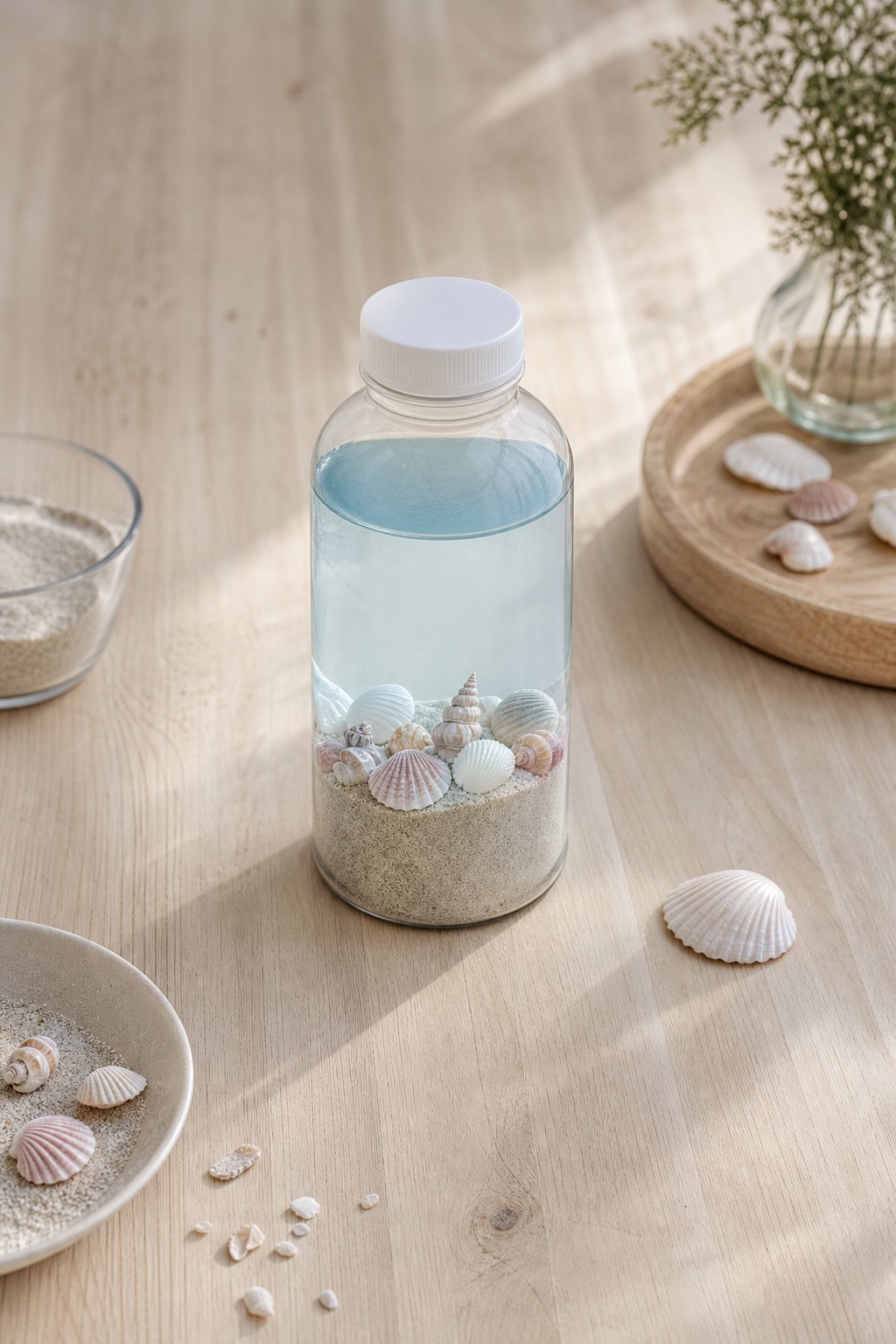Flasche mit Sand, Wasser und Muscheln wie ein Meeresgrund
