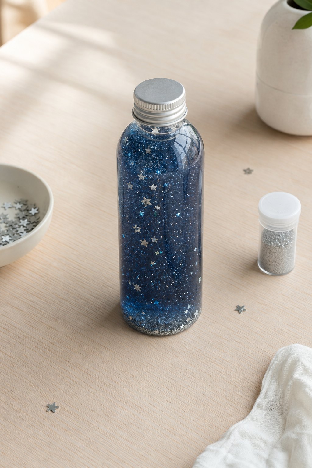 Flasche mit dunkler Flüssigkeit und Glitzer wie ein Nachthimmel