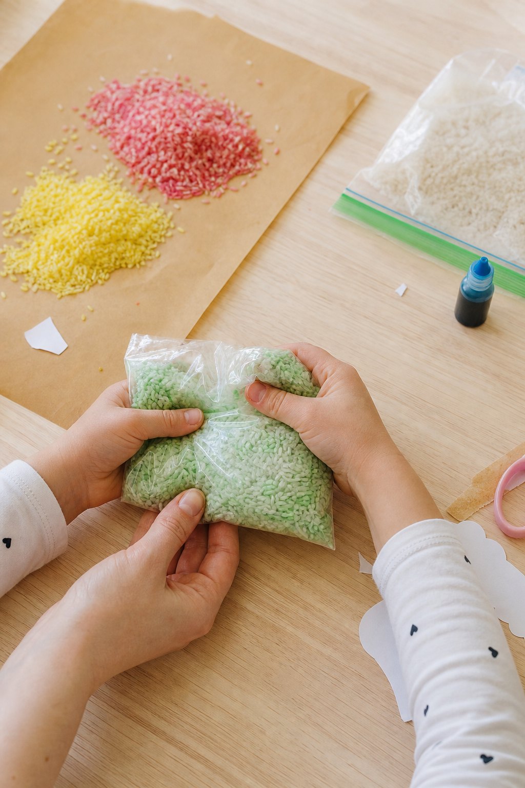 Kinderhände kneten Reis im Gefrierbeutel, bis er grün gefärbt ist