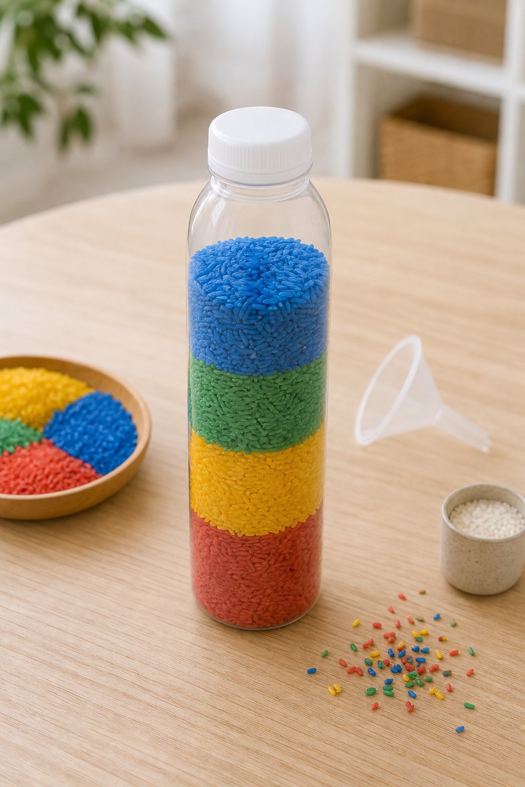 Flasche mit Schichten aus bunt gefärbtem Reis