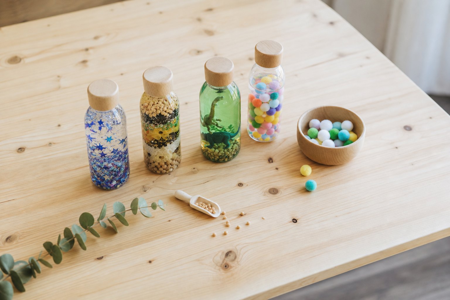 Sinnesflaschen selber machen: mit Wasser, Glitzer, Reis und Naturmaterial