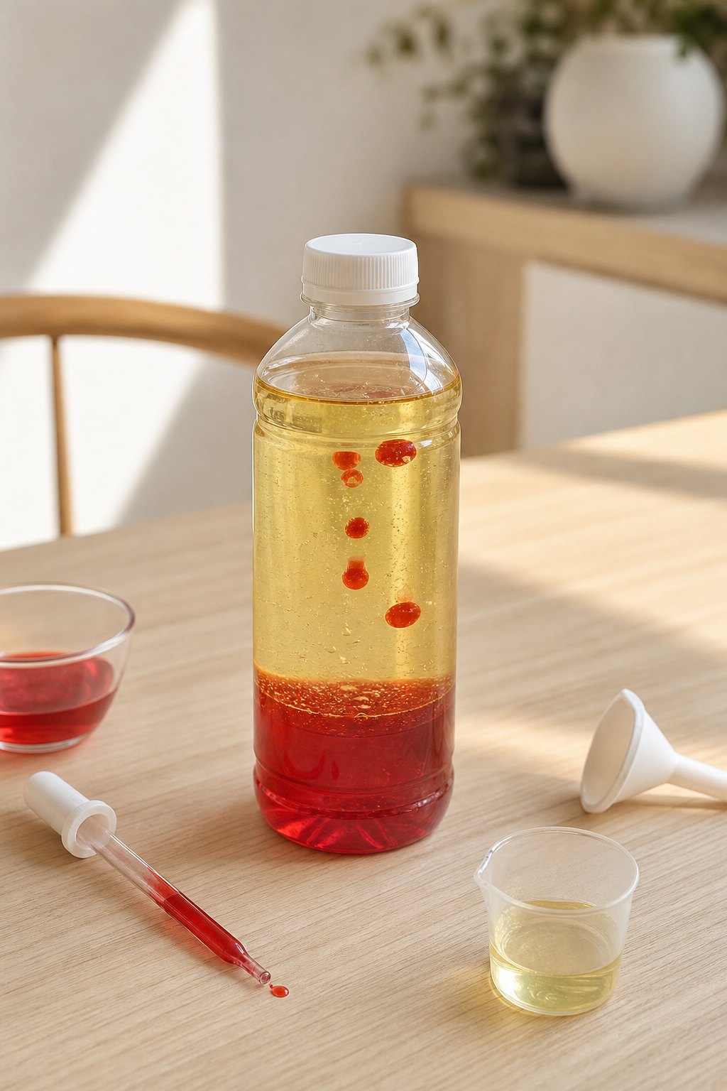 Schlanke Flasche mit bunten Tropfen wie in einer Lavalampe