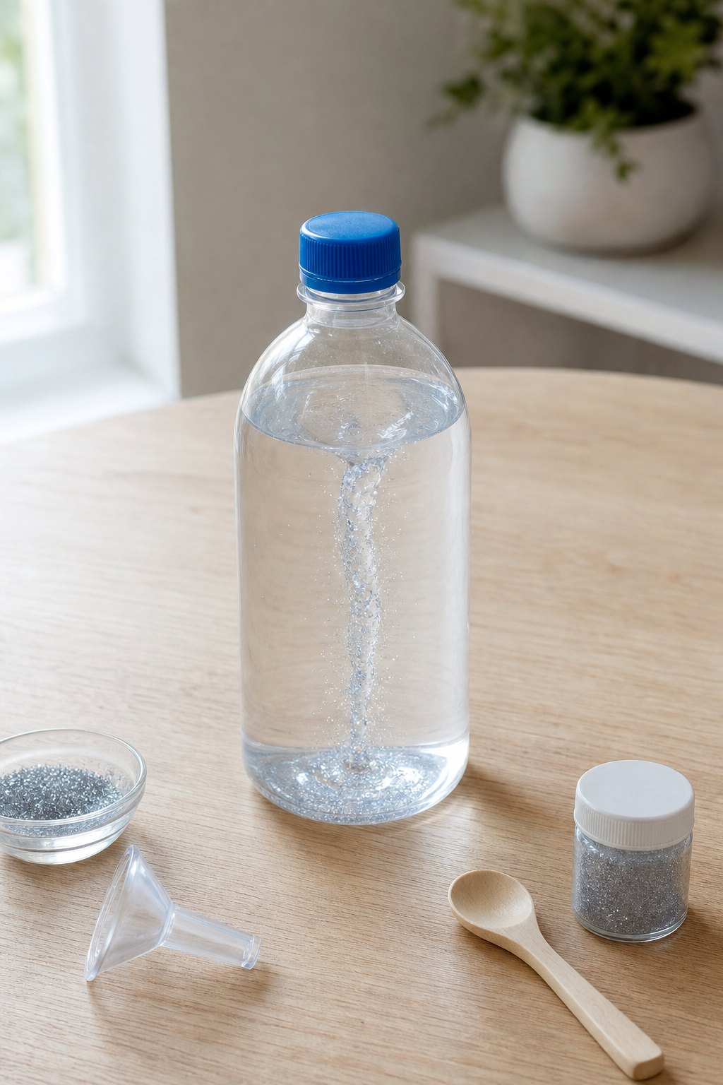 Runde Flasche mit Wasser, in dem sich ein Wirbel dreht