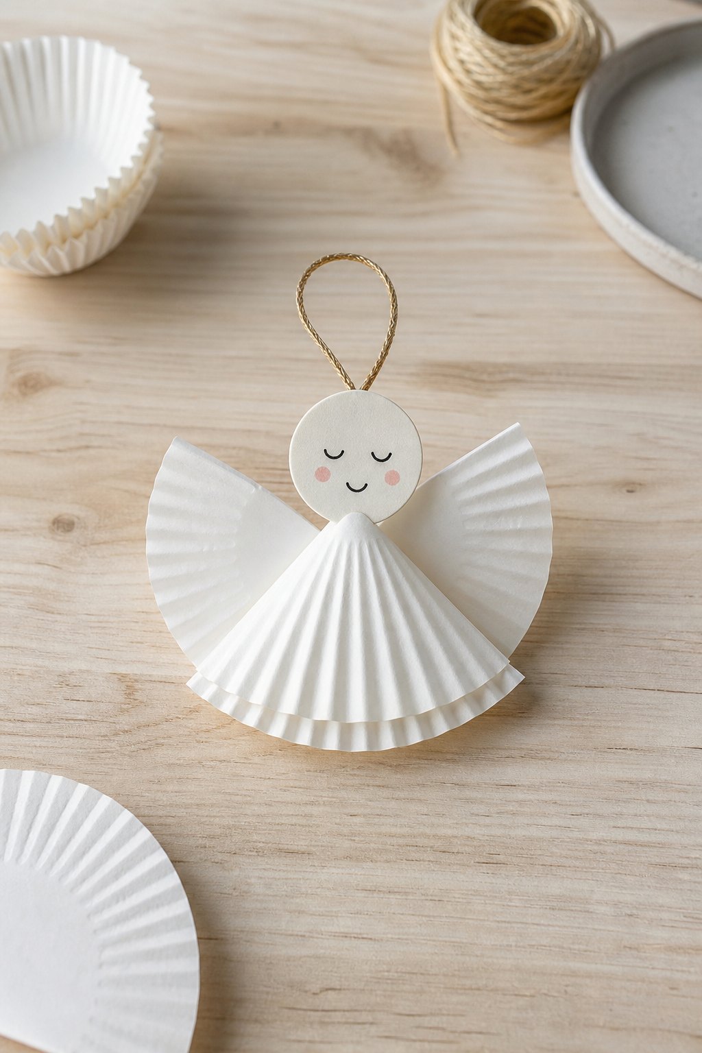 Der Engel aus zwei Muffinförmchen — Ein kleiner Engel aus weissen Muffinfoermchen aus Papier, etwa 9 cm hoch, liegt auf einem