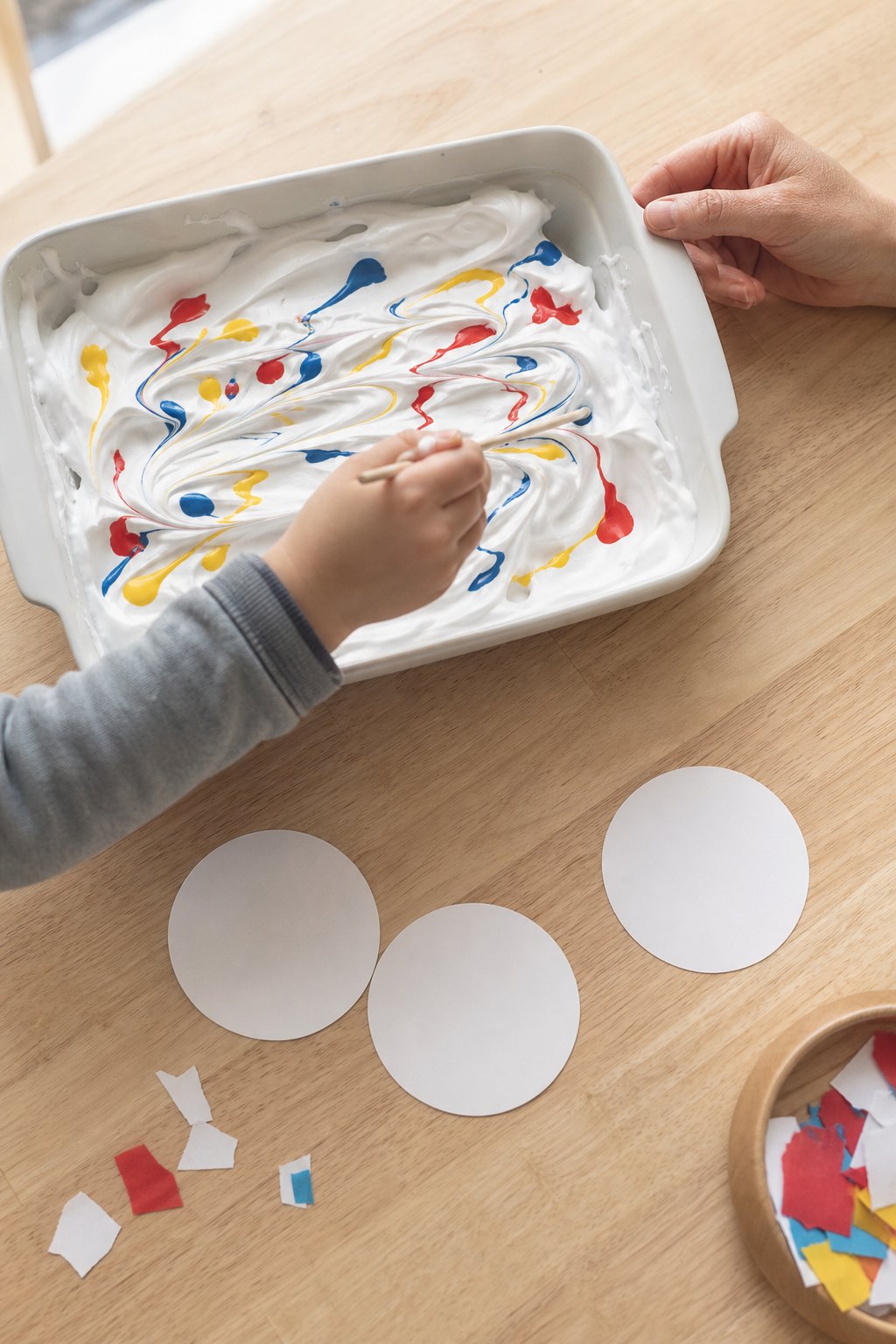 Eine Kinderhand zieht mit einem Holzstäbchen Farbschlieren durch Rasierschaum