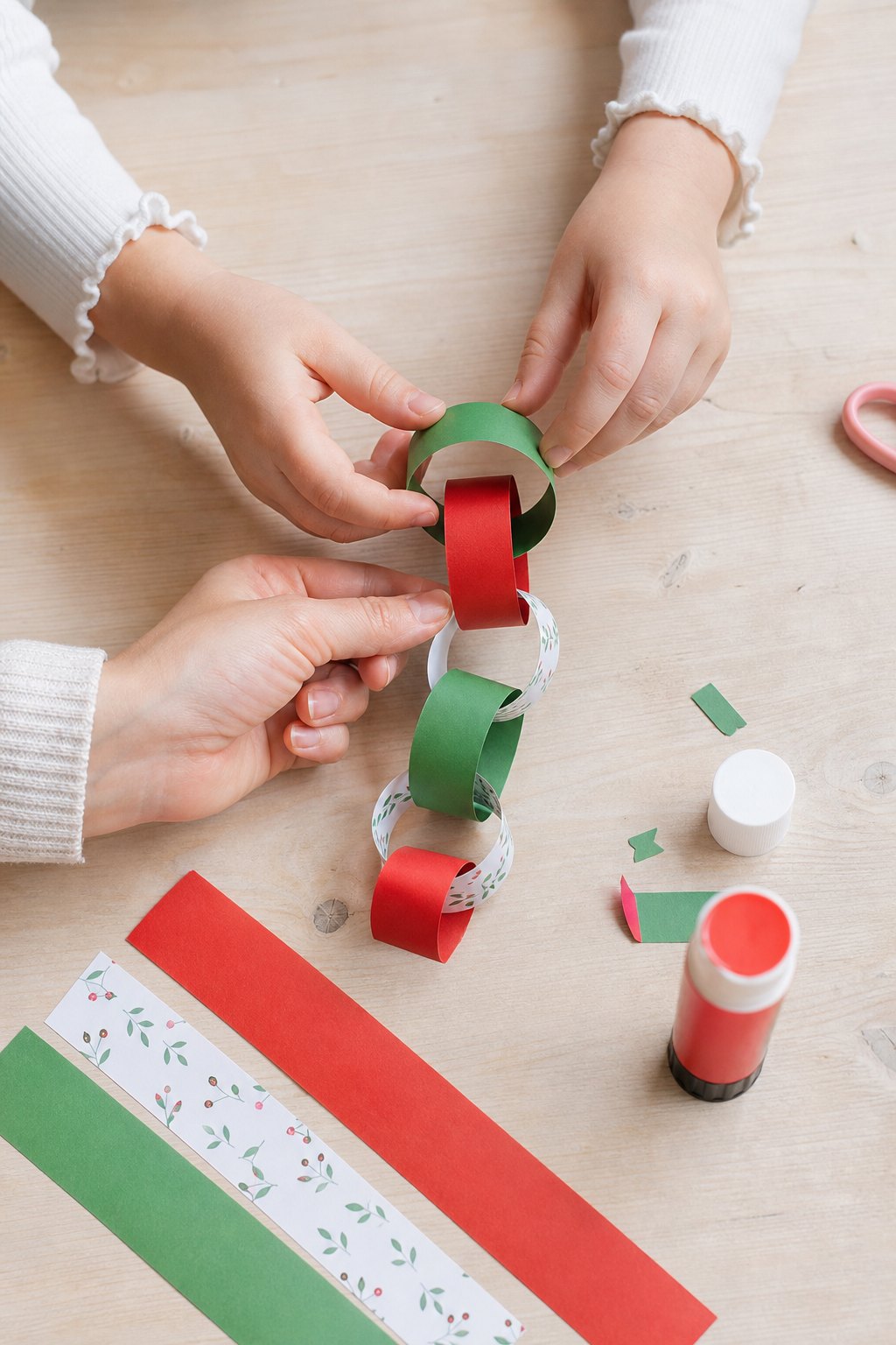 Kinderhände schließen einen grünen Papierstreifen zum Kettenring