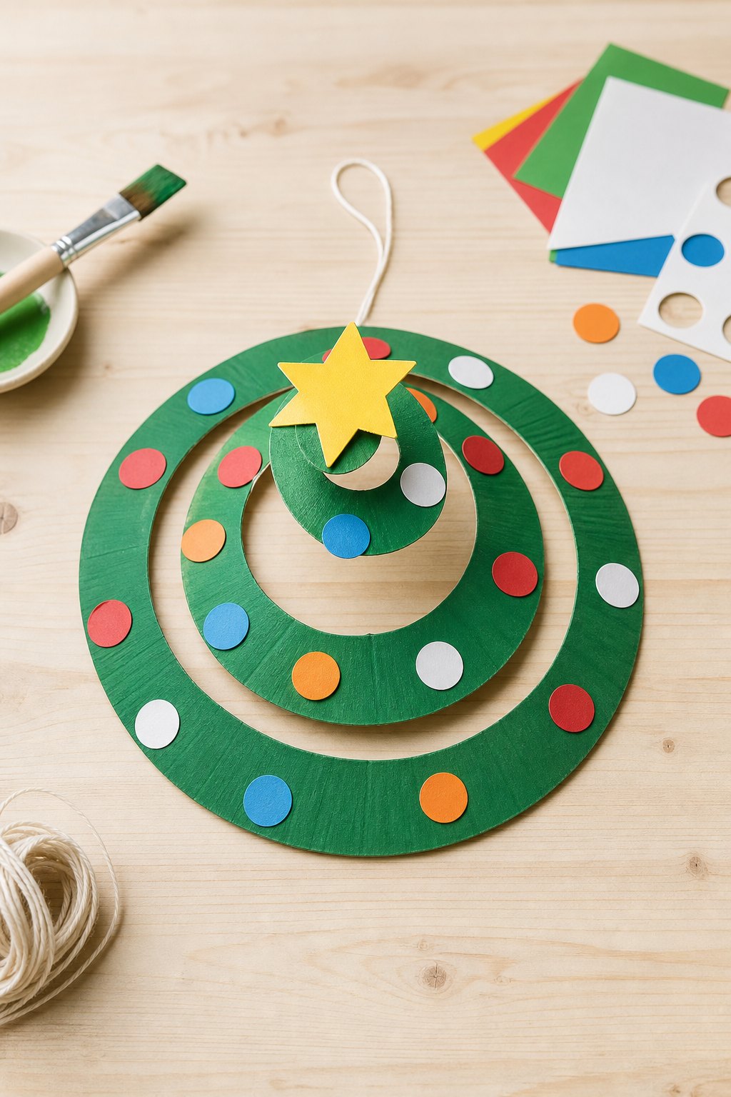 Der Spiral-Tannenbaum aus dem Pappteller — Ein gruen bemalter Pappteller, zu einer Spirale von etwa 3 cm Breite geschnitten,