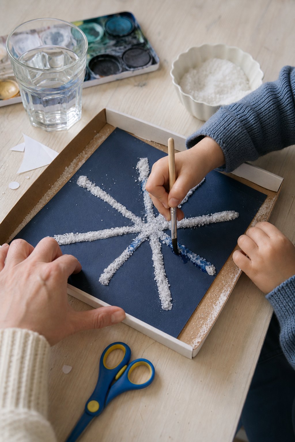 Eine Kinderhand tupft blaue Farbe an die Salzlinien eines Sterns