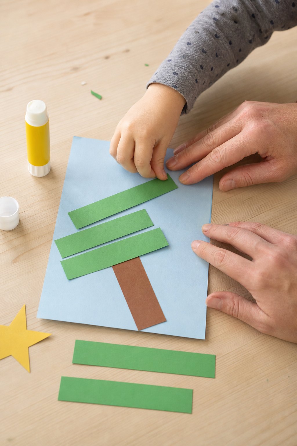 Eine Kinderhand klebt grüne Papierstreifen der Länge nach zu einem Tannenbaum