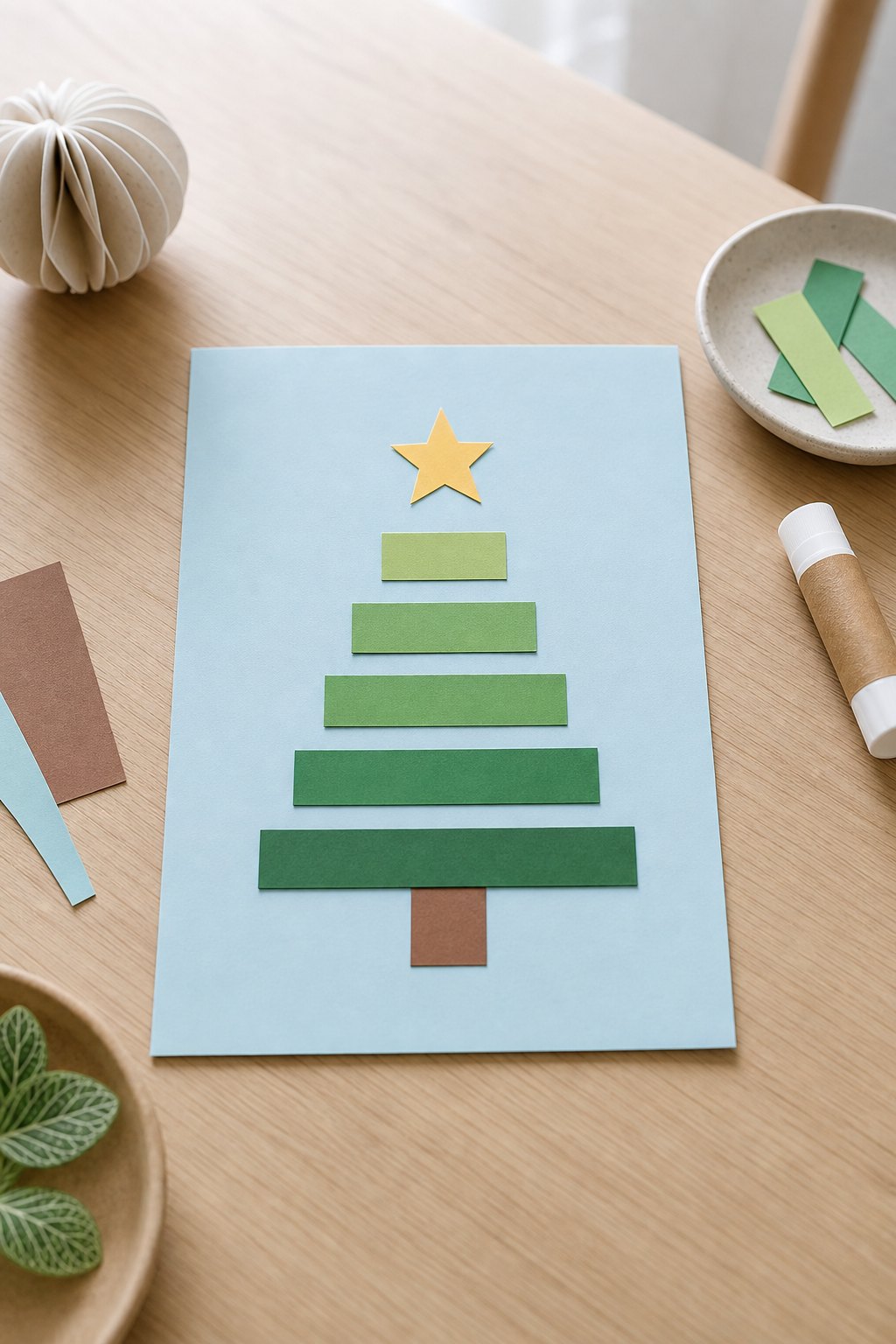 Der Tannenbaum aus Papierstreifen — Ein hellblauer Tonkarton im Hochformat DIN A4 liegt auf einem hellen Holztisch
