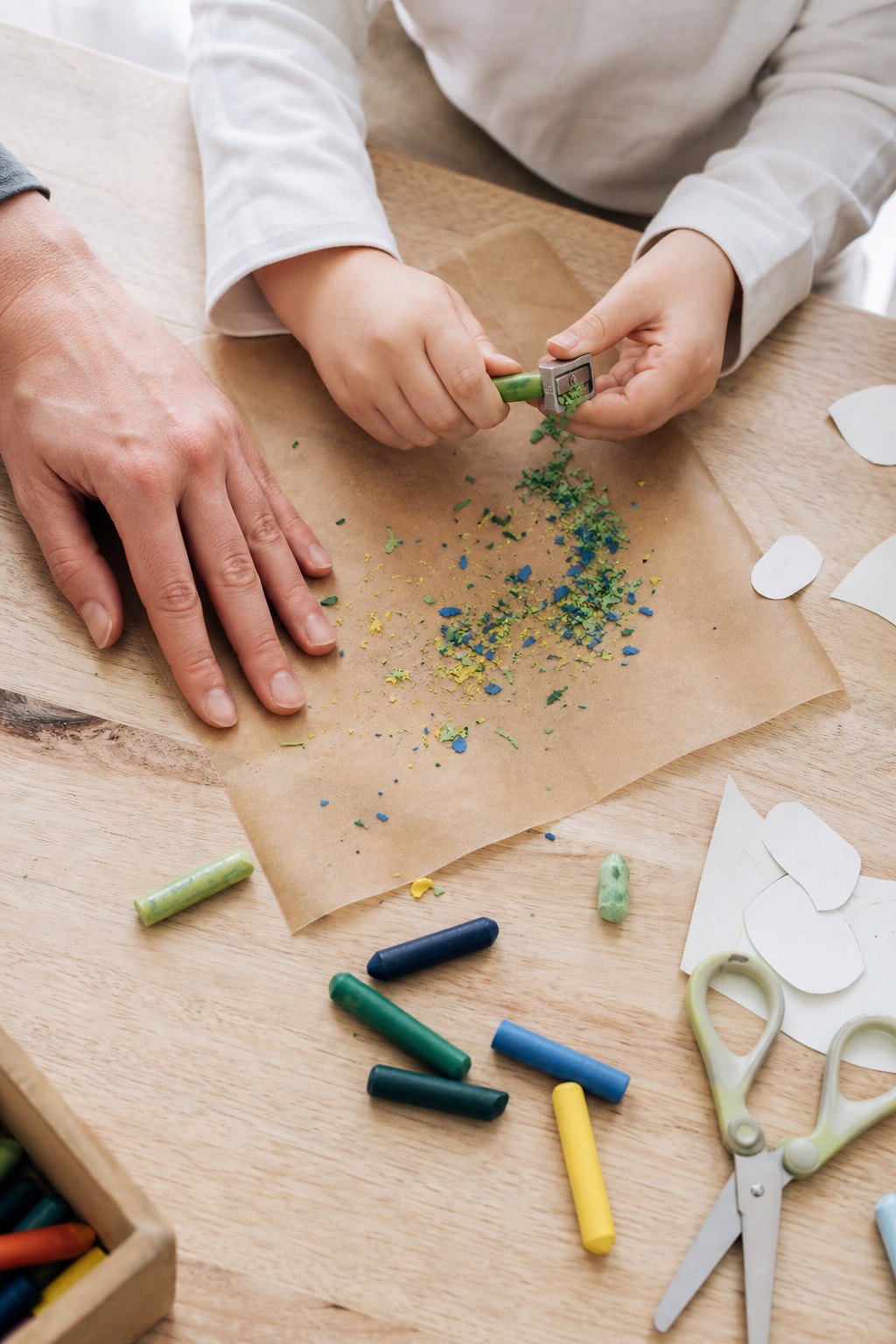 Kinderhände spitzen Wachsmalstifte, bunte Späne fallen auf Backpapier