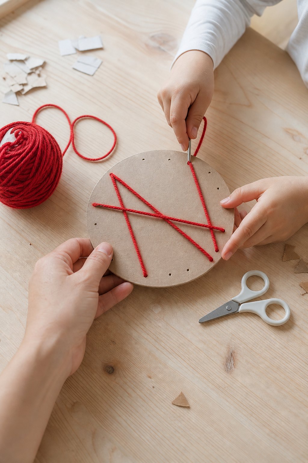 Kinderhand näht mit roter Wolle einen Stern auf eine Kartonscheibe