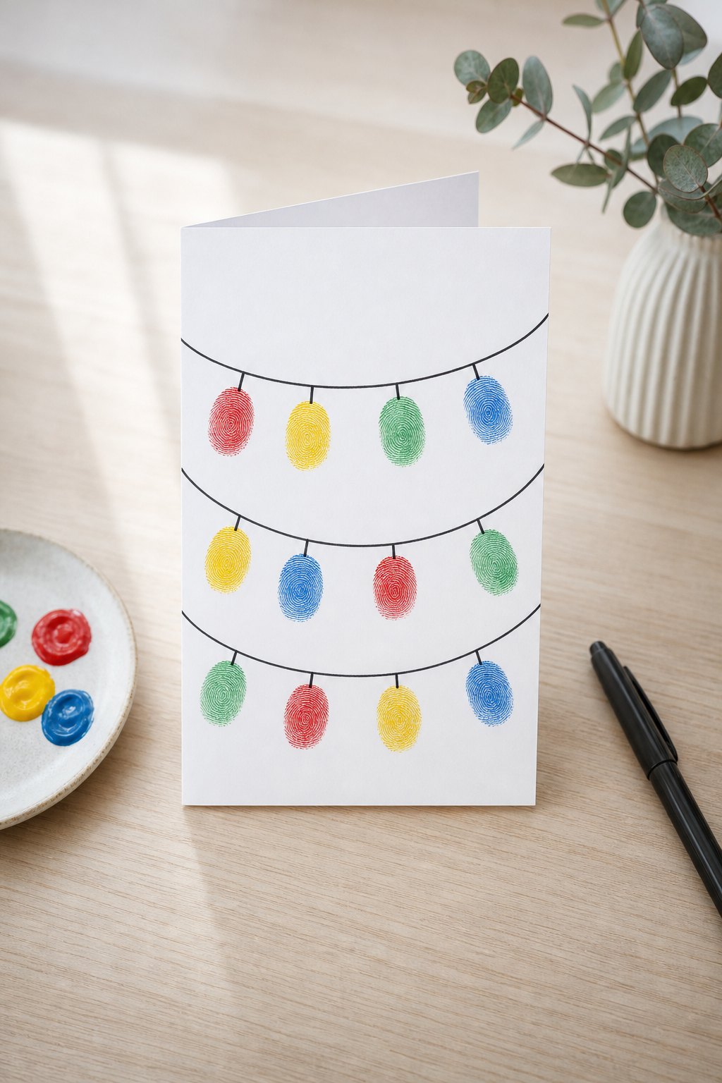 Die Karte mit der Lichterkette aus Fingerabdrücken — Eine weisse Klappkarte im Format 10,5 x 15 cm steht aufgeklappt auf eine