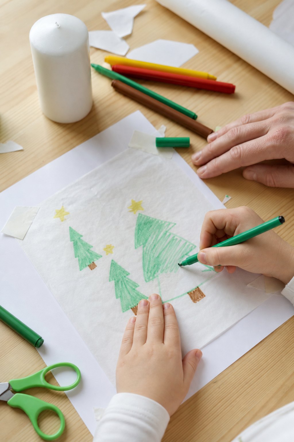 Kinderhand malt mit Filzstift Tannenbäume auf weißes Seidenpapier