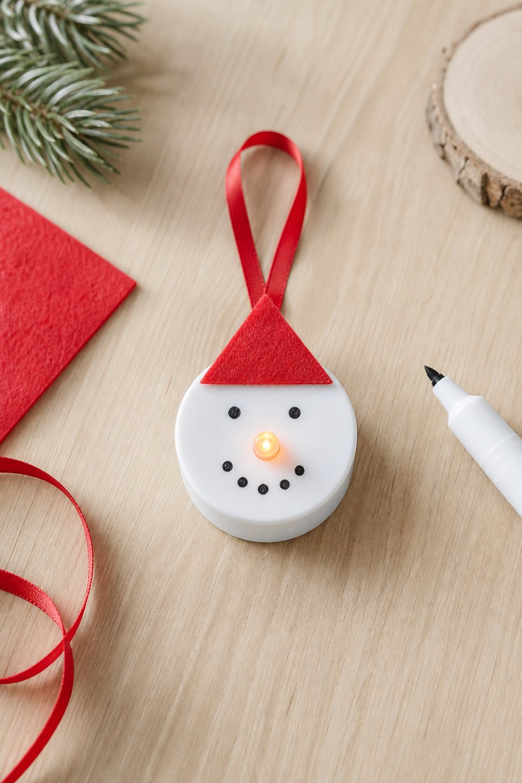 Der Schneemann aus dem LED-Teelicht — Ein weisses LED-Teelicht als Schneemann-Anhaenger, liegend auf einem hellen Holztisch, 