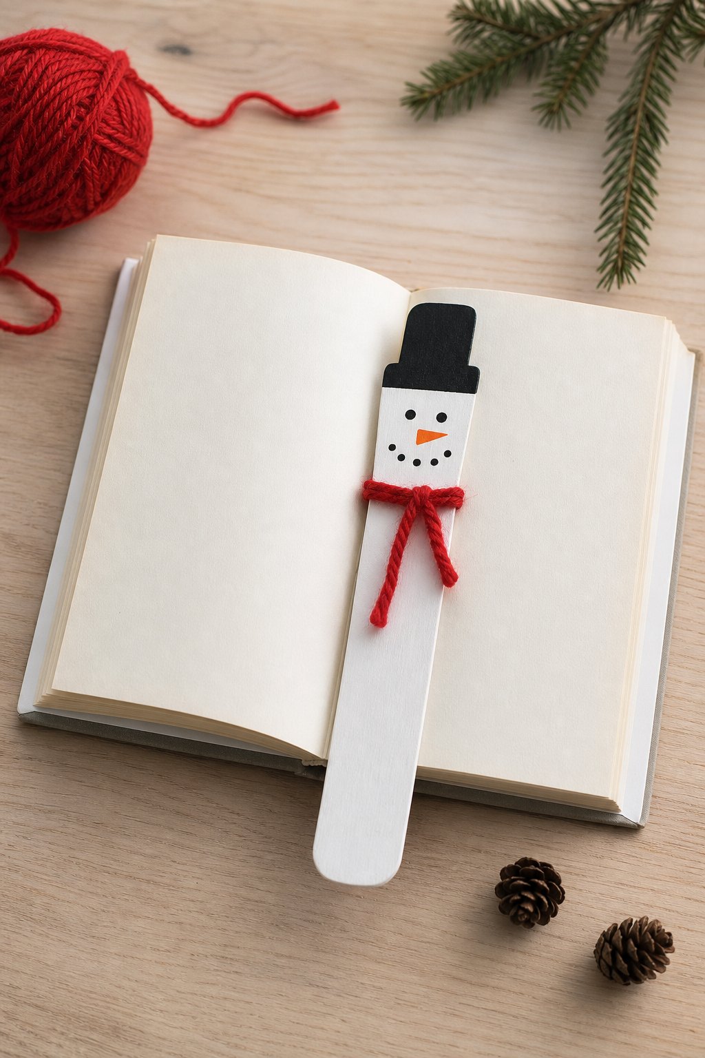 Das Schneemann-Lesezeichen aus dem Holzspatel — Ein Lesezeichen aus einem flachen Holzspatel, etwa 15 cm lang, weiss bemalt, 