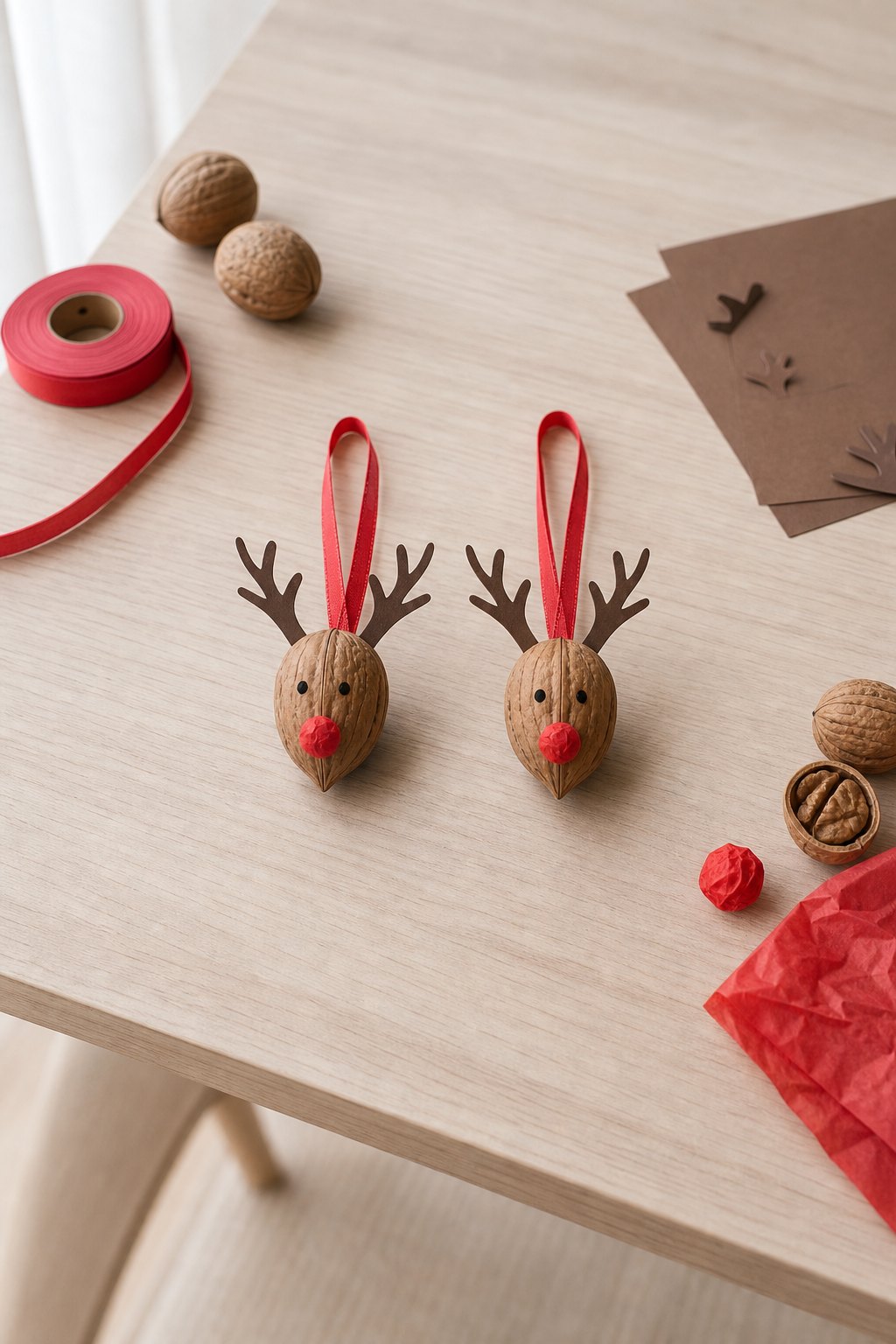 Das Walnuss-Rentier für den Baum — Zwei Baumanhaenger aus ganzen Walnuessen auf einem hellen Holztisch