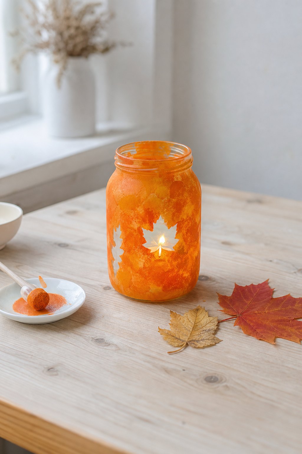 Das Glas mit Blattschatten — Ein Marmeladenglas auf einem hellen Holztisch, aussen wolkig mit orangefarbener Acrylfarbe betup