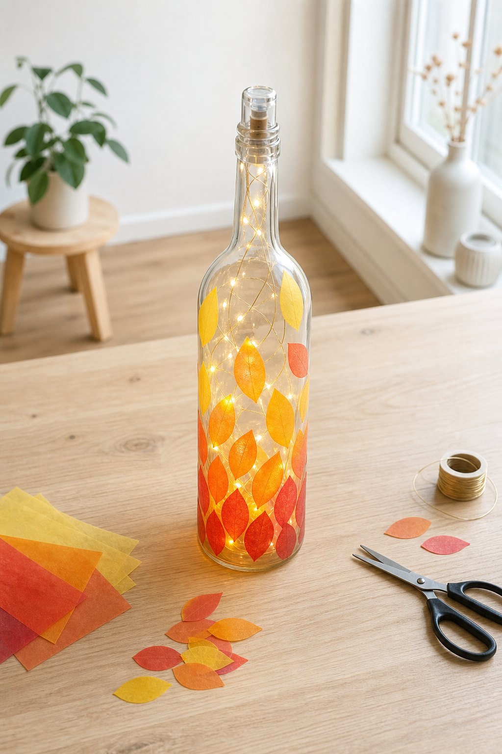 Die Lichterflasche mit Papierlaub — Eine klare, hohe Glasflasche ohne Etikett steht auf einem hellen Holztisch