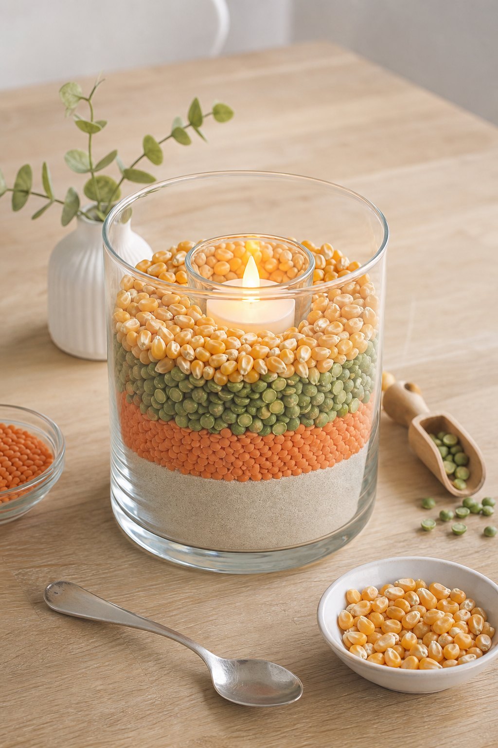 Das Schichtglas mit Sand und Körnern — Ein grosses Glas mit weiter Oeffnung, etwa 12 cm hoch, auf einem hellen Holztisch