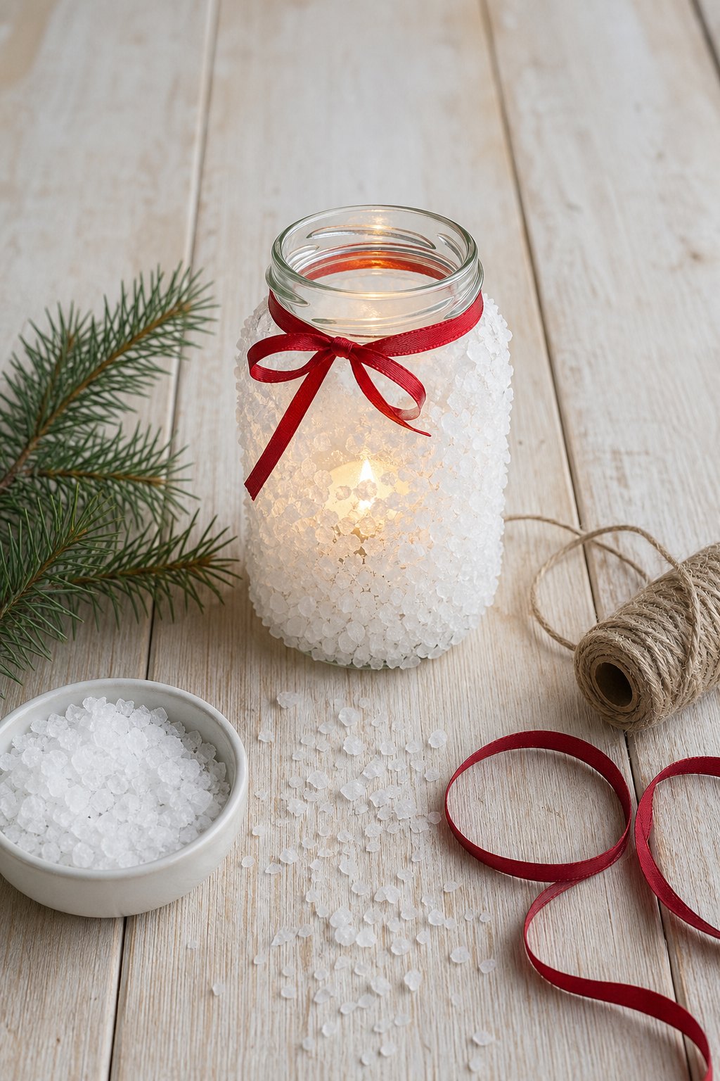 Das Schneeglas mit grobem Salz — Ein Marmeladenglas auf einem hellen Holztisch, die unteren zwei Drittel aussen dicht mit gro