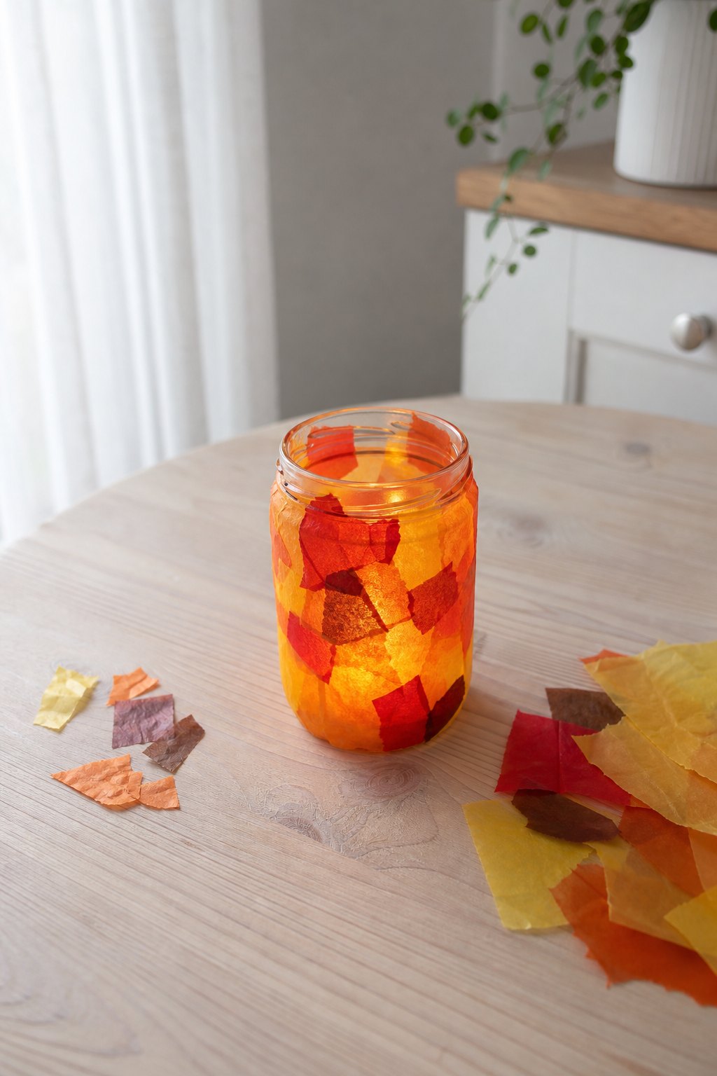 Das Schnipselglas in Herbstfarben — Ein Marmeladenglas auf einem hellen Holztisch, rundherum beklebt mit gerissenen Stuecken 