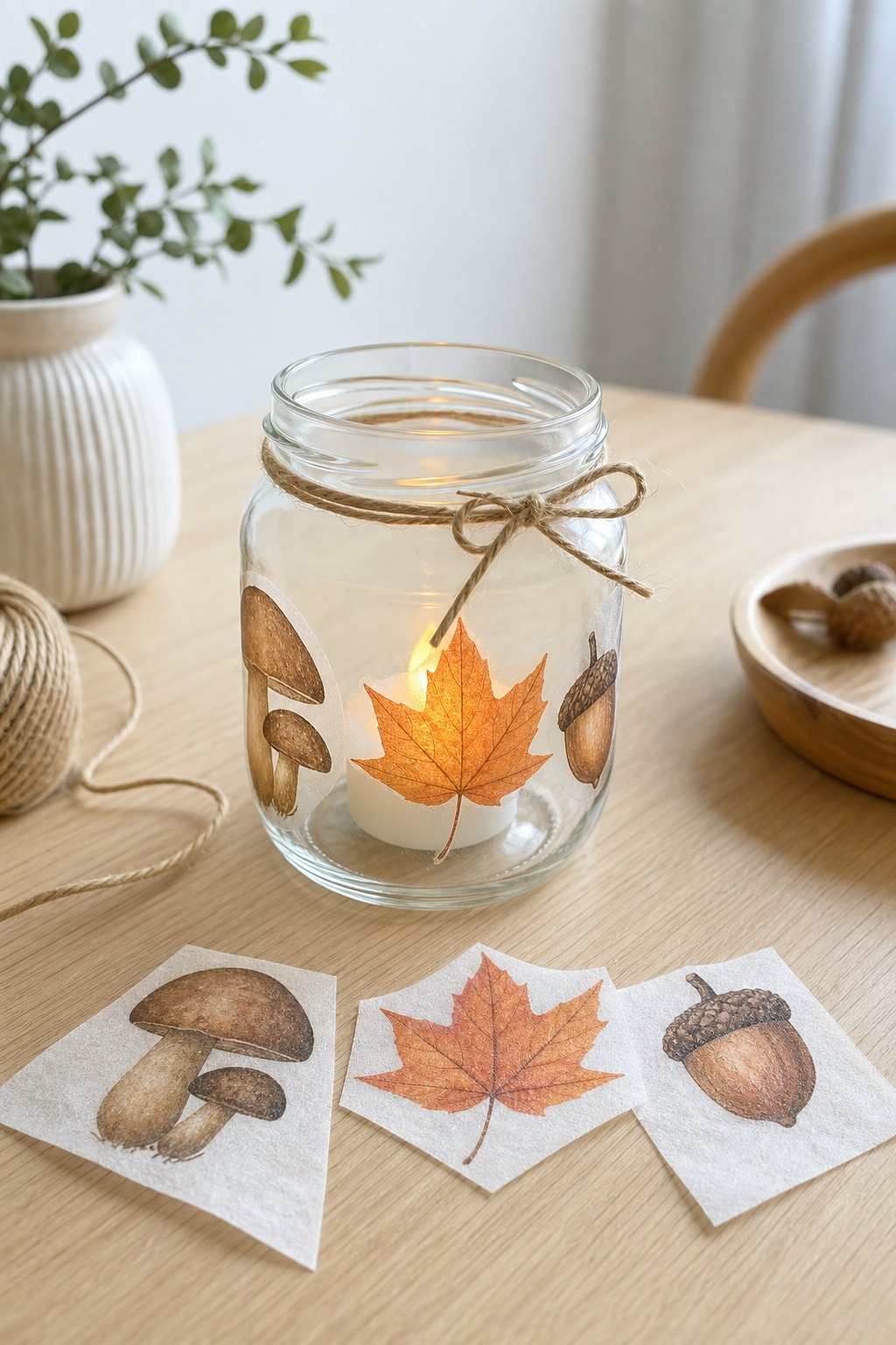 Das Serviettenglas mit Herbstmotiv — Ein klares Marmeladenglas auf einem hellen Holztisch, aussen mit vier duennen Servietten