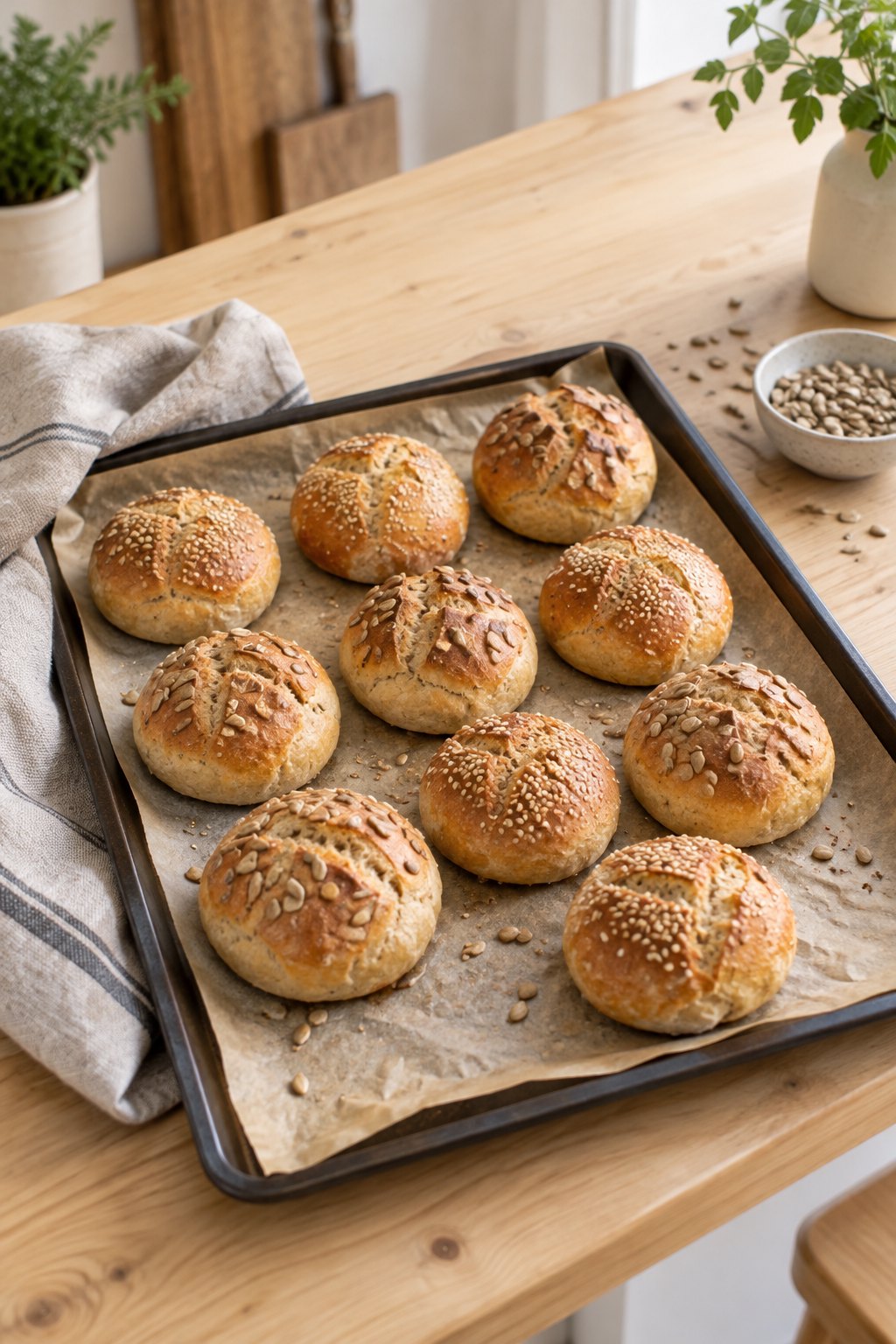 Backblech mit zehn goldbraunen runden Brötchen