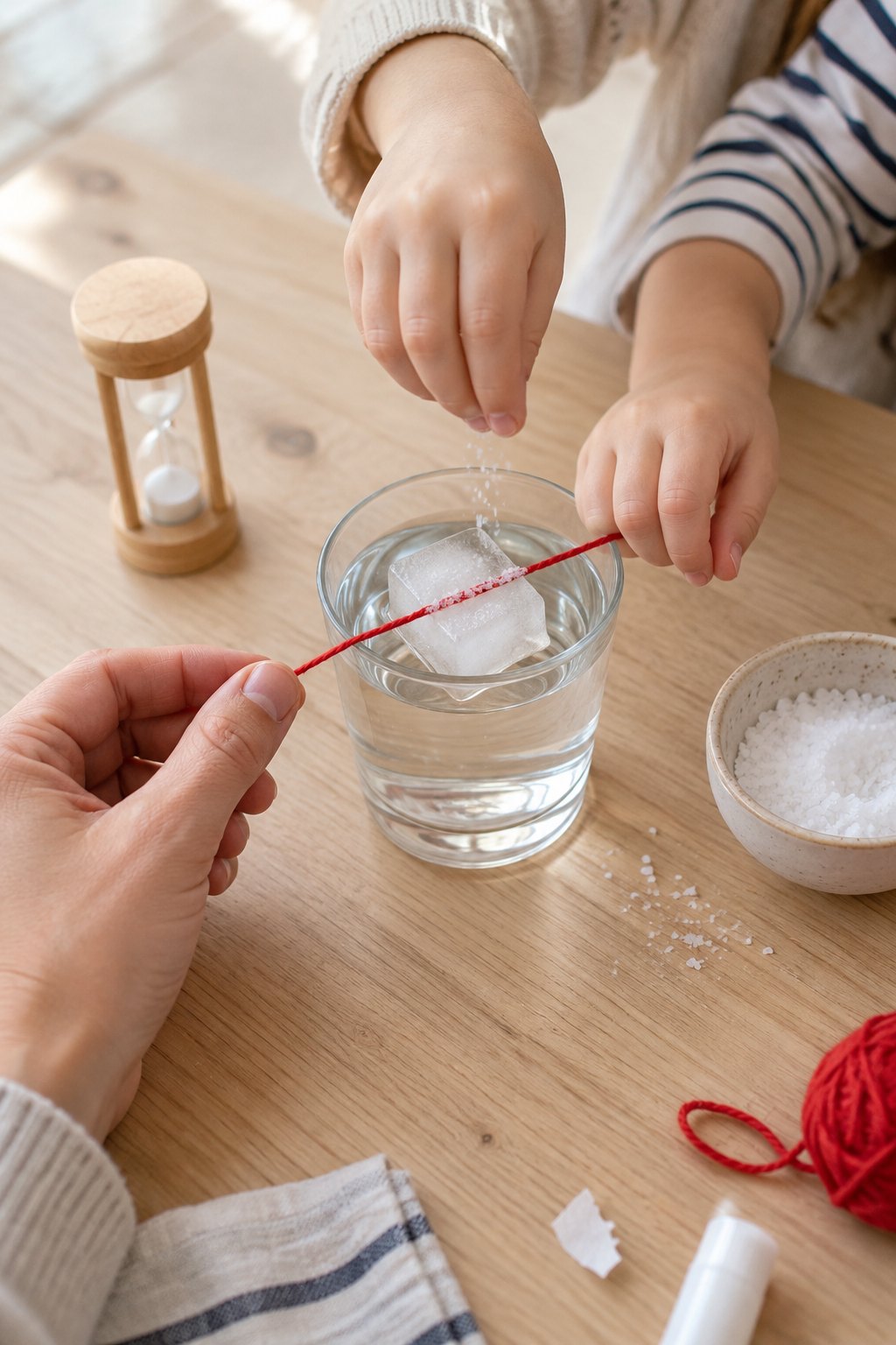 Kinderhand streut Salz auf einen Faden, der auf einem Eiswürfel liegt