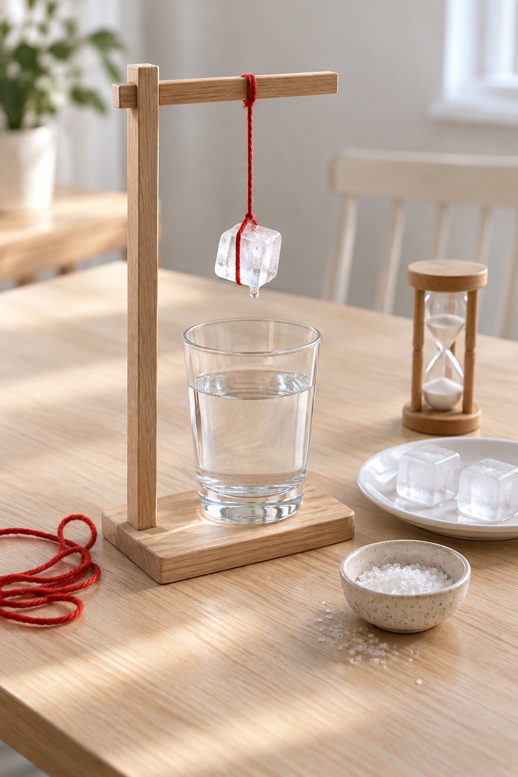 Wasserglas mit Eiswürfel, der an einem roten Wollfaden hängt