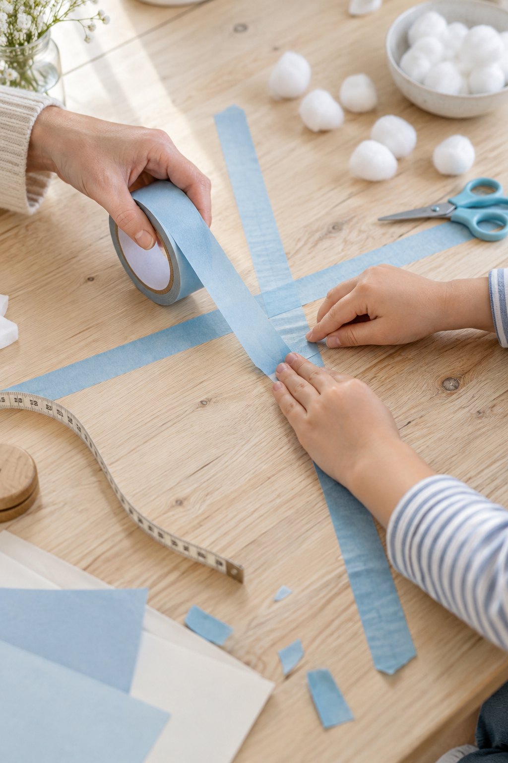 Kinderhände kleben Malerkrepp an den Arm einer Klebeband-Schneeflocke