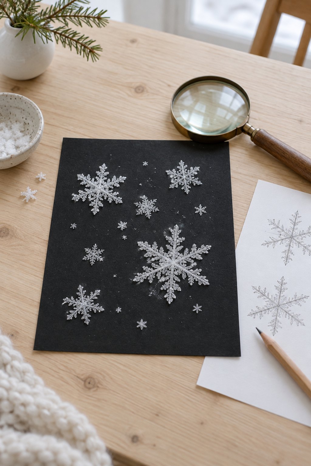 Schwarzer Fotokarton mit weißen Schneeflocken und einer Lupe