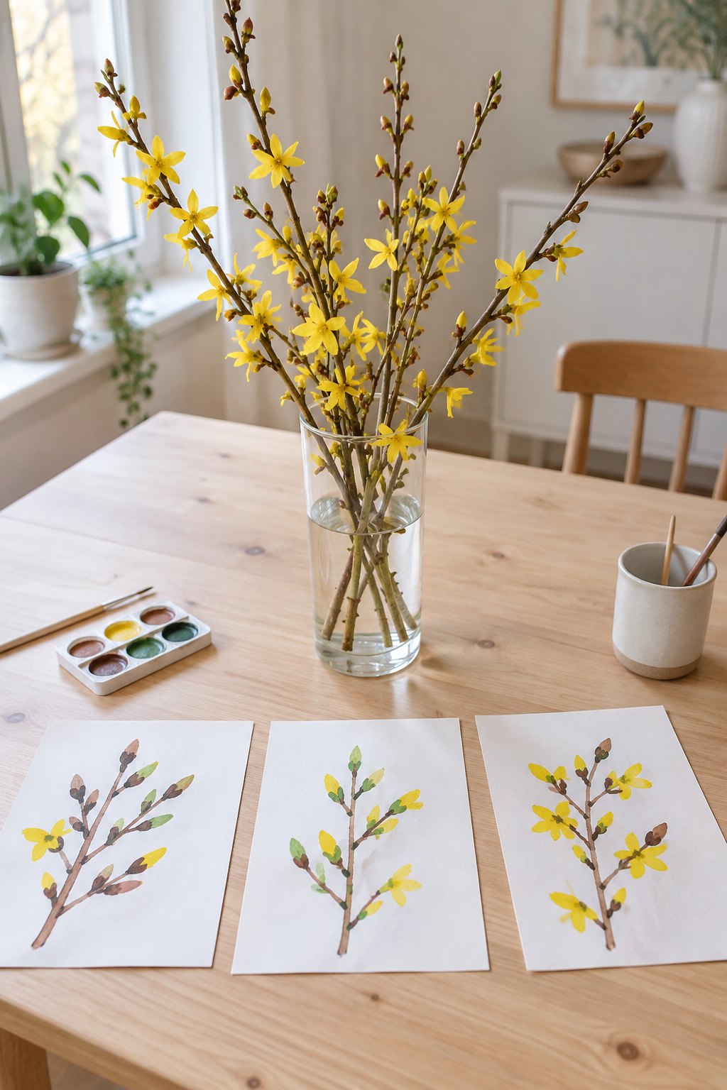 Glasvase mit fünf Forsythienzweigen, an denen gelbe Blüten aufgehen