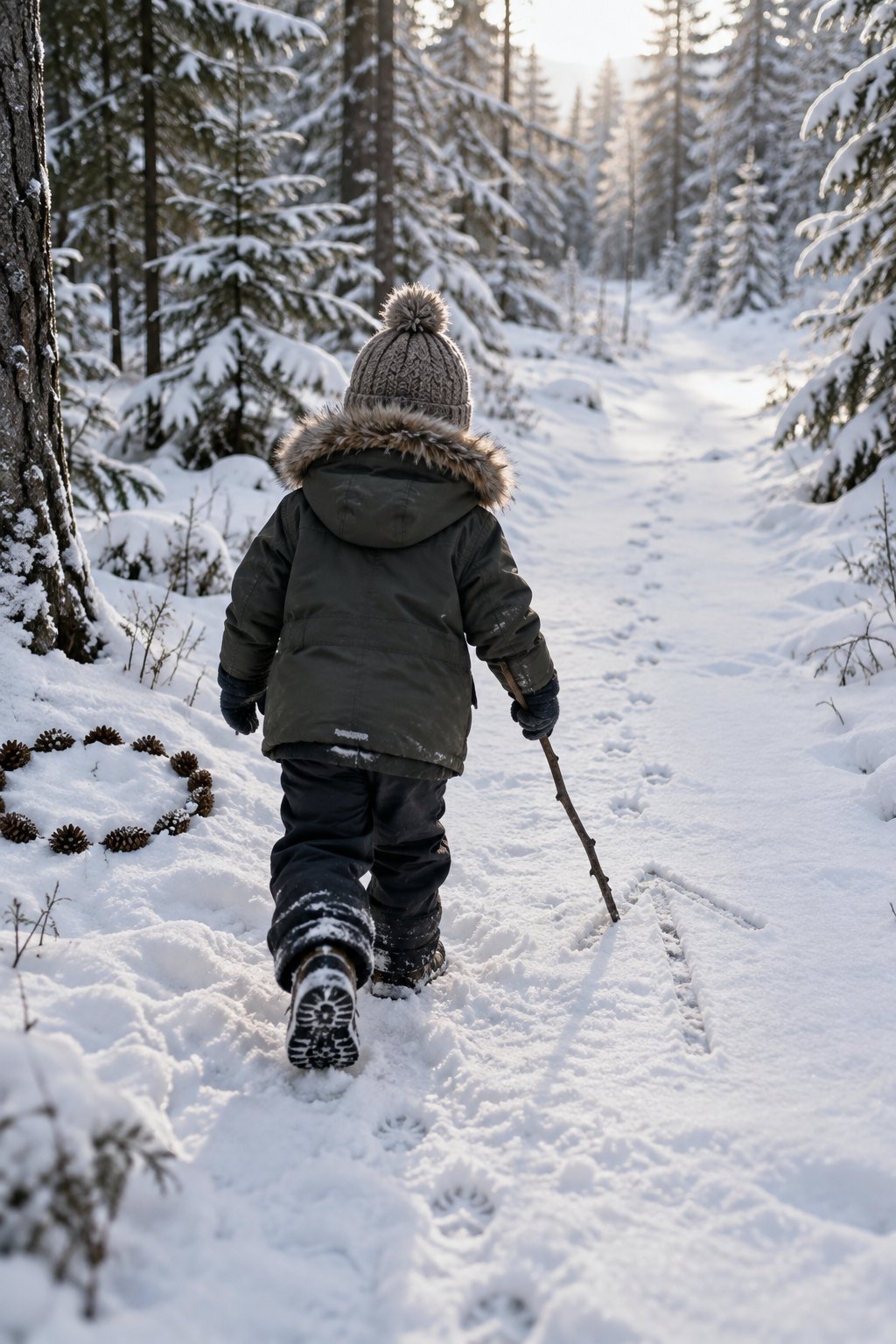 Eine Fährte durch den Schnee legen: Kind folgt mit einem Stock den Pfeilen auf einem verschneiten Waldweg