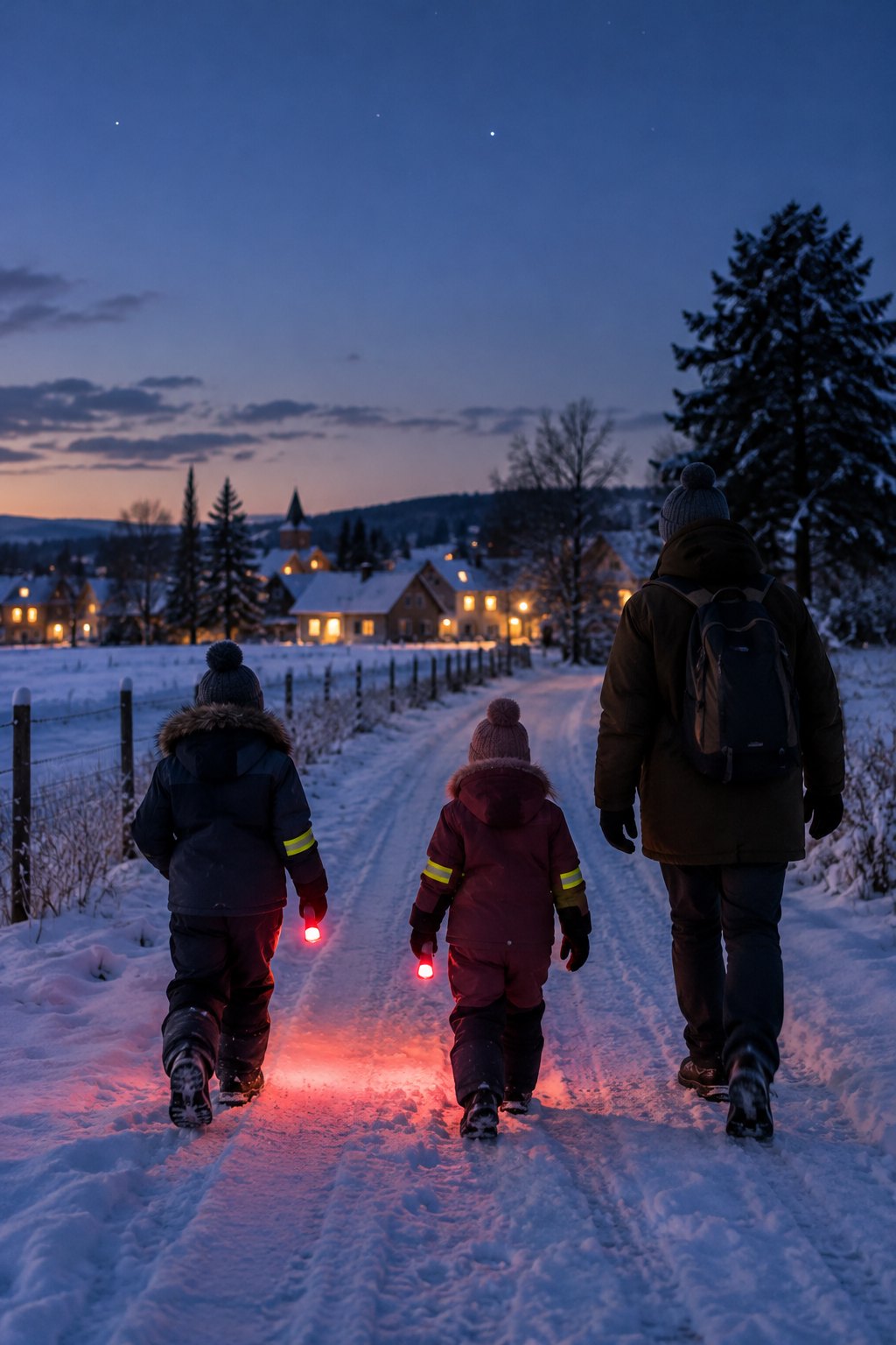 Nachtwanderung im Winter: Kinder mit rot leuchtenden Taschenlampen auf einem verschneiten Weg in der Dämmerung