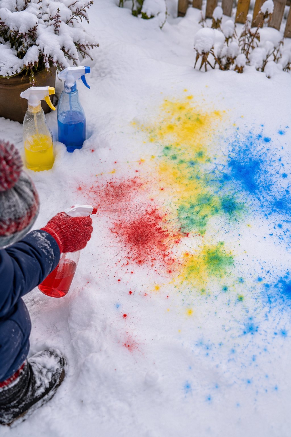 Den Schnee mit Sprühflaschen bemalen: bunte Farbflecken im Schnee, eine Kinderhand mit roter Sprühflasche
