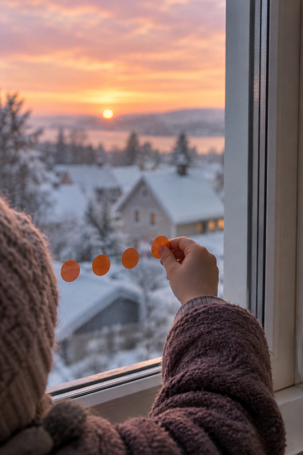 Kinderhand klebt bei Sonnenaufgang einen orangen Punkt auf die Fensterscheibe